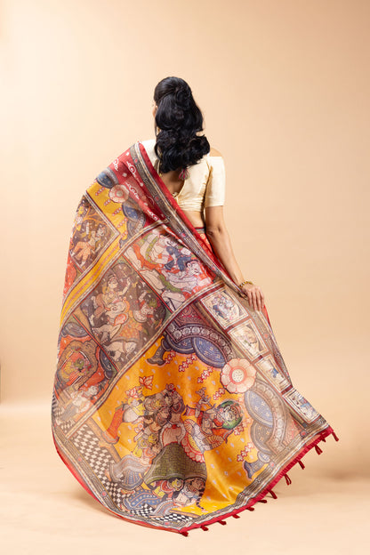 Woman wearing a traditional saree with intricate patterns on a beige background Rang Gajraj Chanderi Saree | chanderi cotton saree