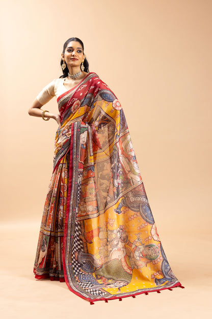 Woman wearing a colorful saree with intricate patterns on a beige background Rang Gajraj Chanderi Saree | chanderi cotton saree | Yuvani Vesture