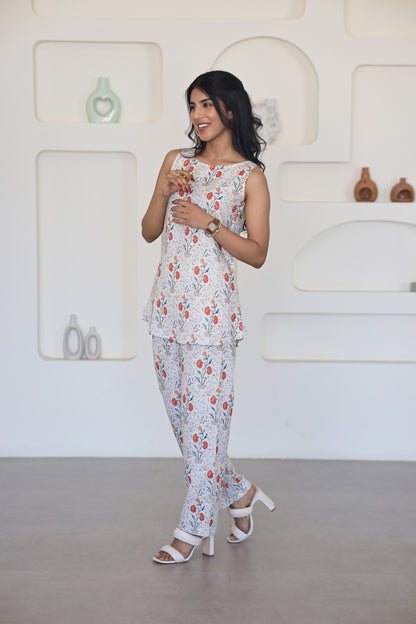 Red & Beige Floral Sleeveless Co-Ord Set - Yuvani