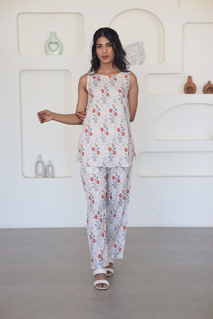 Red & Beige Floral Sleeveless Co-Ord Set - Yuvani