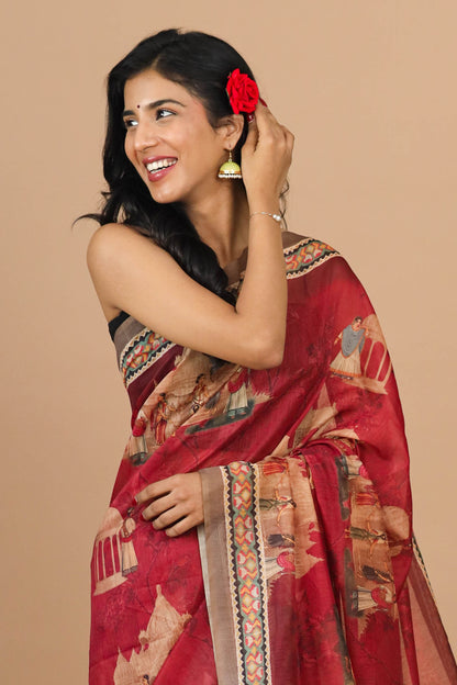 Red Mughal Figure Print Saree - Yuvani