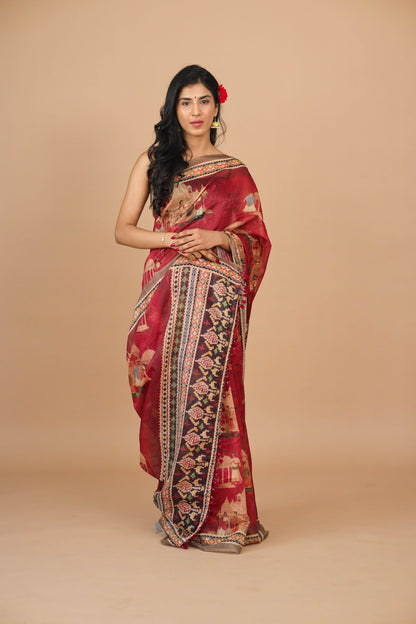 Red Mughal Figure Print Saree - Yuvani