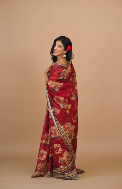 Red Mughal Figure Print Saree - Yuvani