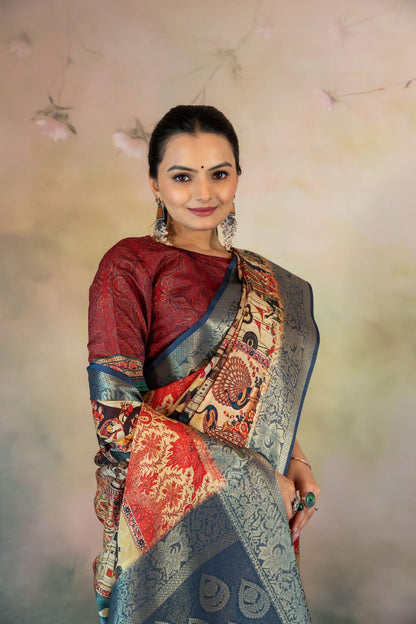 Rich Block Print Jacquard Saree - Yuvani