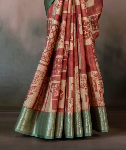 Rust Color Block Print Jacquard Saree - Yuvani