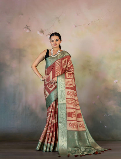 Rust Color Block Print Jacquard Saree - Yuvani