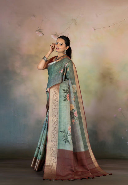 Sea Green Floral Print Jacquard Checks Saree - Yuvani