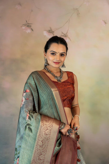 Sea Green Floral Print Jacquard Checks Saree - Yuvani