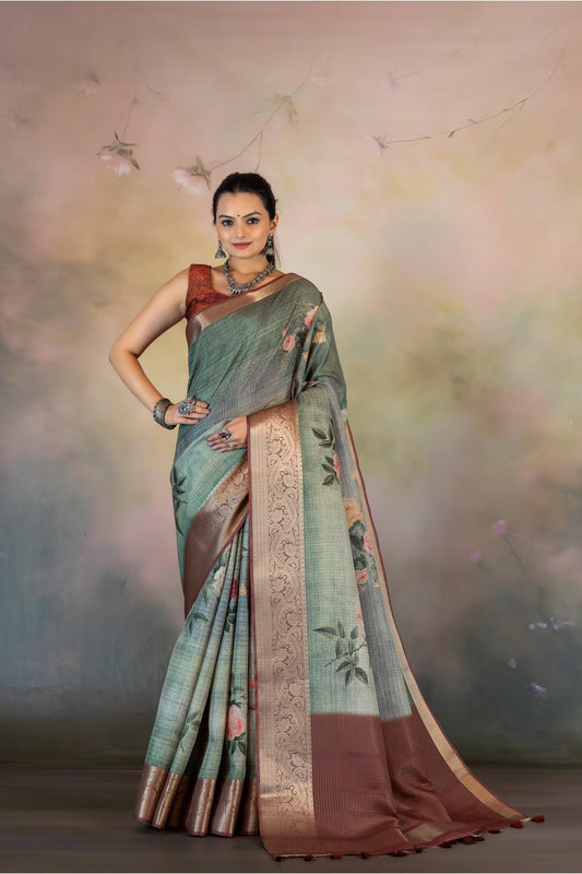 Sea Green Floral Print Jacquard Checks Saree - Yuvani
