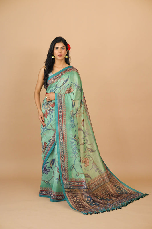 Sea Green Kalamkari Print Saree - Yuvani