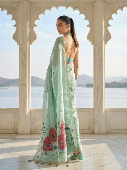 Sea Green Pichwai Jamdani Cotton Saree - Yuvani