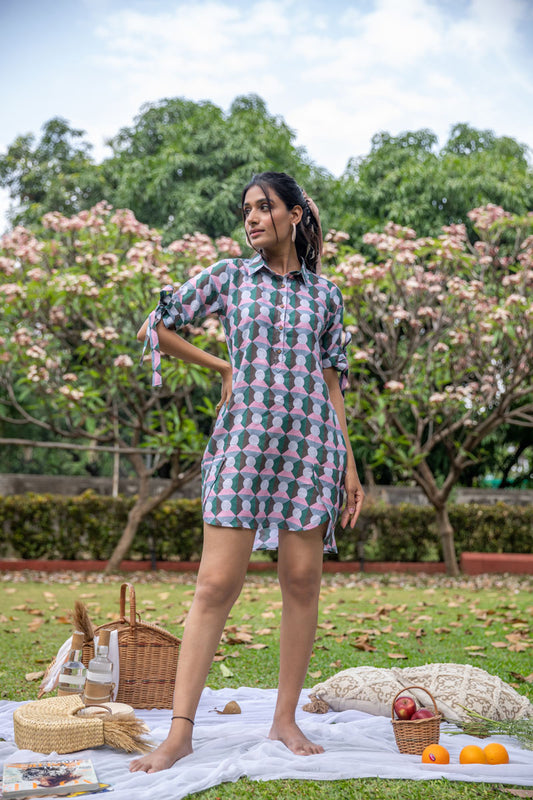 Square Stones Linen Multicolor Dress - Yuvani