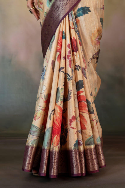 Summer Peach Floral Print Jacquard Saree - Yuvani