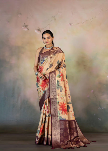 Summer Peach Floral Print Jacquard Saree - Yuvani