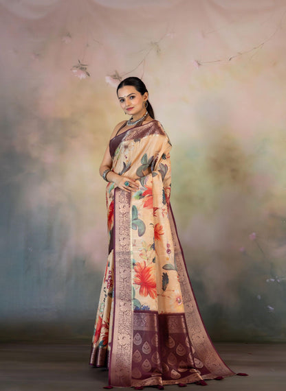 Summer Peach Floral Print Jacquard Saree - Yuvani
