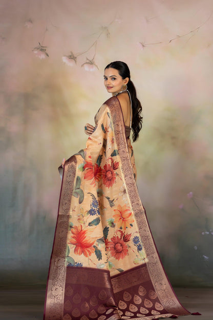 Summer Peach Floral Print Jacquard Saree - Yuvani