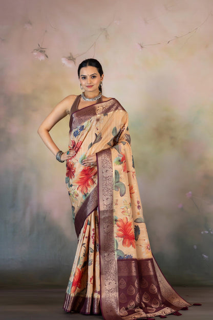 Summer Peach Floral Print Jacquard Saree - Yuvani
