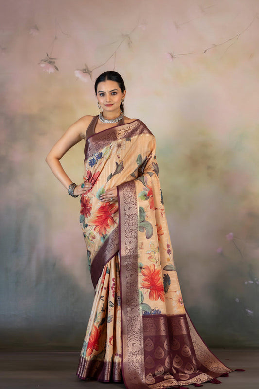 Summer Peach Floral Print Jacquard Saree - Yuvani