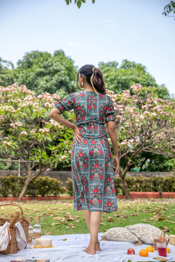 Floral Frame Red Corset Dress - Yuvani