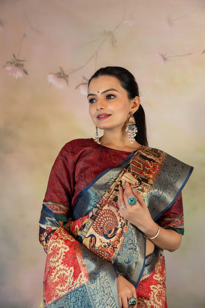 Rich Block Print Jacquard Saree - Yuvani