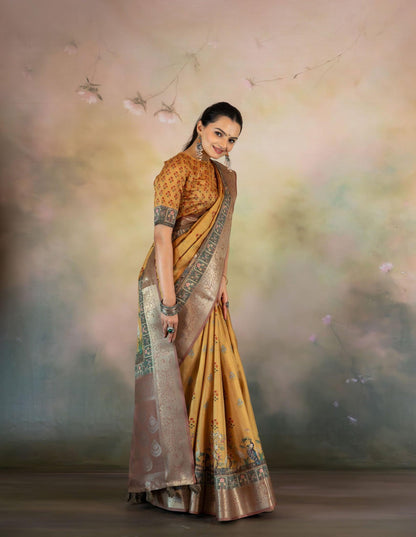Yellow Peacock Print Jacquard Saree - Yuvani