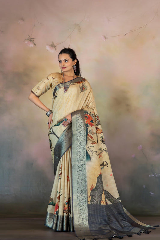 Chiku Birds Print JacquardChecks Saree - Yuvani