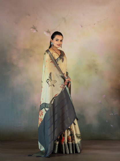 Chiku Birds Print JacquardChecks Saree - Yuvani