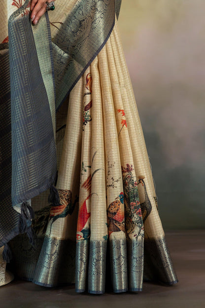 Chiku Birds Print JacquardChecks Saree - Yuvani