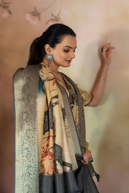 Chiku Birds Print JacquardChecks Saree - Yuvani