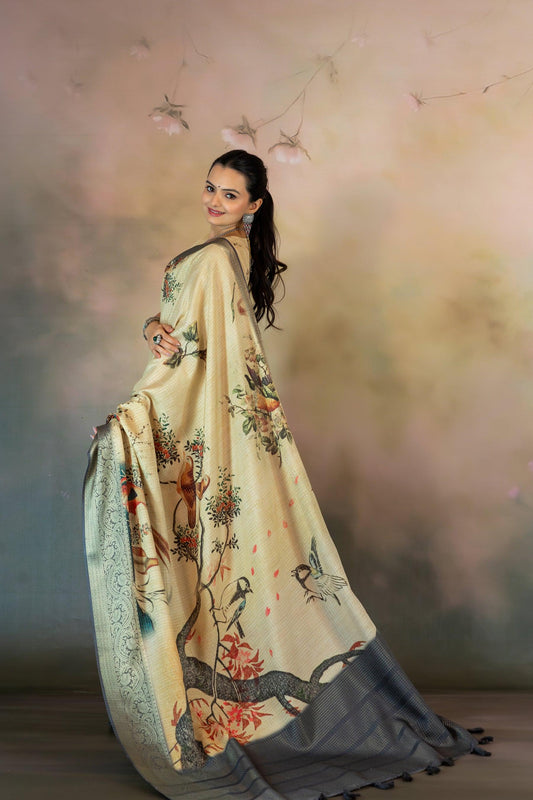 Chiku Birds Print JacquardChecks Saree - Yuvani