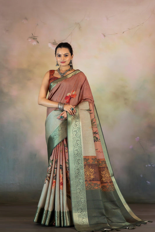 Floral Rust Ombre Jacquard Checks Saree - Yuvani