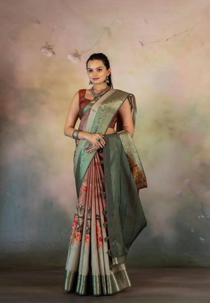 Floral Rust Ombre Jacquard Checks Saree - Yuvani