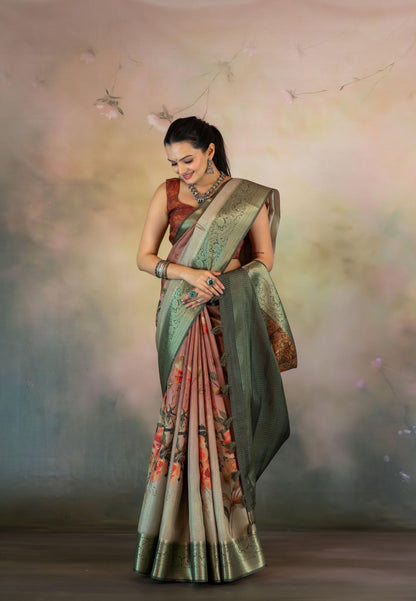 Floral Rust Ombre Jacquard Checks Saree - Yuvani