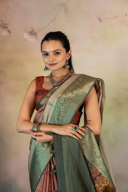 Floral Rust Ombre Jacquard Checks Saree - Yuvani