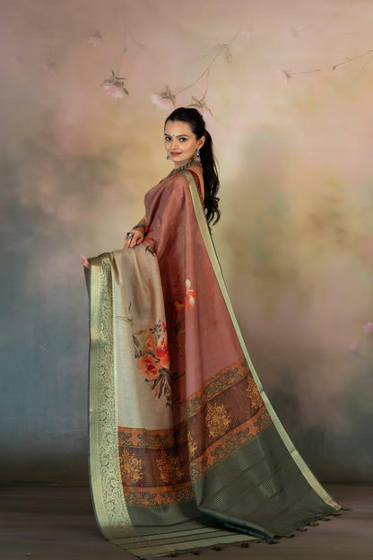 Floral Rust Ombre Jacquard Checks Saree - Yuvani