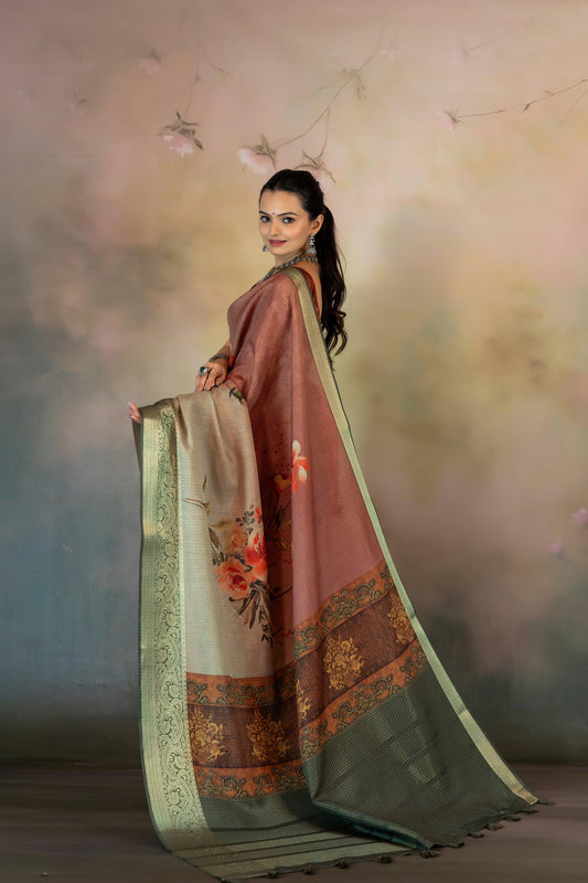 Floral Rust Ombre Jacquard Checks Saree - Yuvani