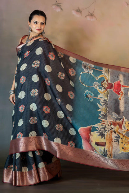 Ajrakh with Batik Print JacquardChecks Saree - Yuvani