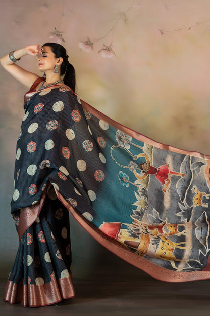 Ajrakh with Batik Print JacquardChecks Saree - Yuvani