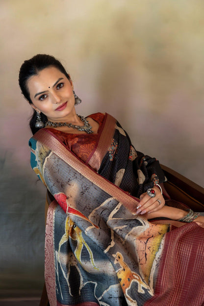 Ajrakh with Batik Print JacquardChecks Saree - Yuvani