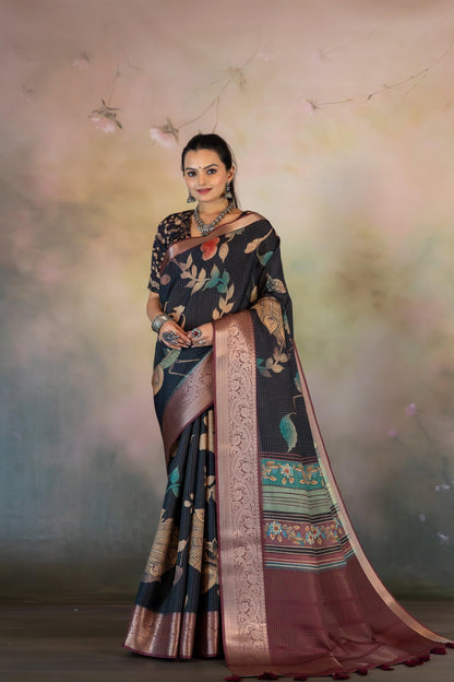 Hand Paint Kalamkari Jacquard Checks Print Saree - Yuvani