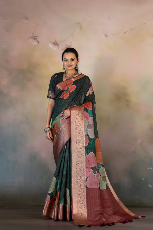 Multicolor Large Flower Print Jacquard Checks Saree - Yuvani