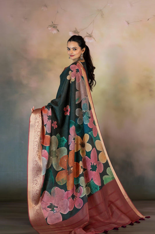 Multicolor Large Flower Print Jacquard Checks Saree - Yuvani