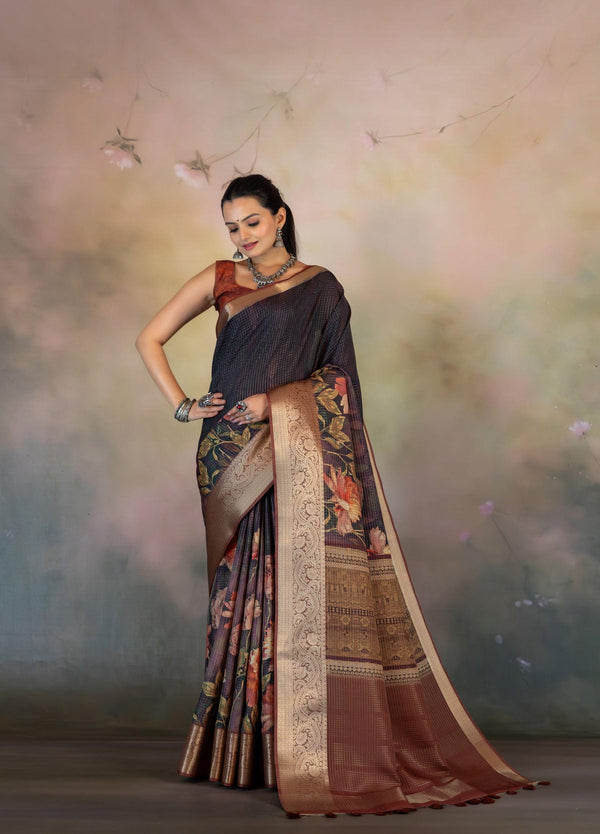 Floral Skirt Print Jacquard Checks Saree - Yuvani