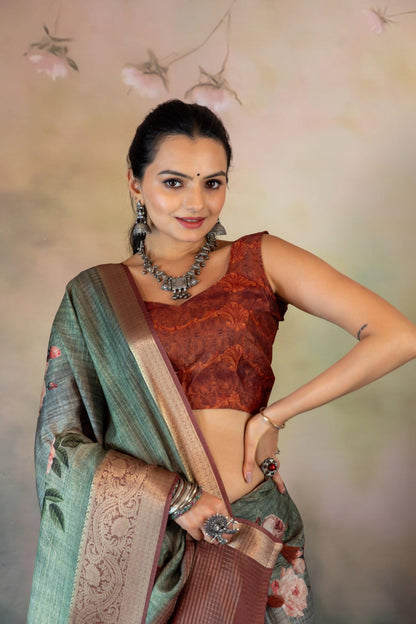 Sea Green Floral Print Jacquard Checks Saree - Yuvani