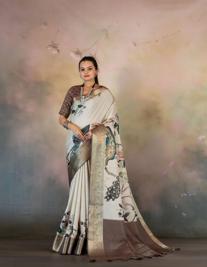 White Peacock Floral Jacquard Checks Saree - Yuvani