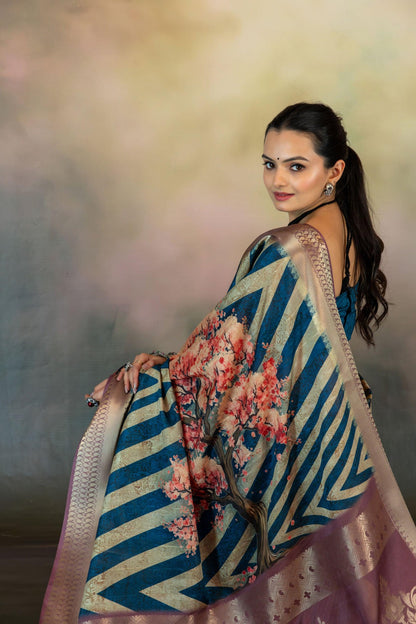 Cherry Blossom Tree Print JacquardSaree - Yuvani