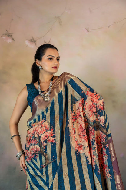 Cherry Blossom Tree Print JacquardSaree - Yuvani