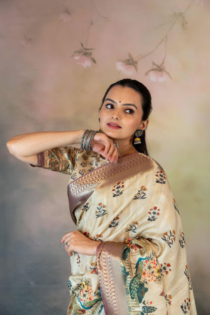 Mughal Motif Print Jacquard Saree - Yuvani