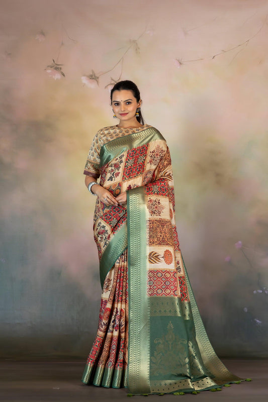 Red Block Print Collage Jacquard Saree - Yuvani