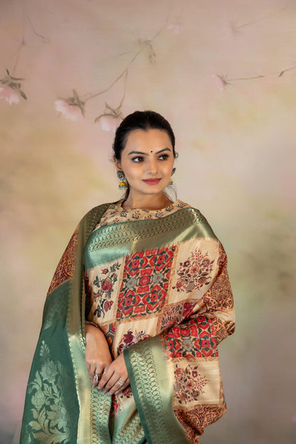 Red Block Print Collage Jacquard Saree - Yuvani